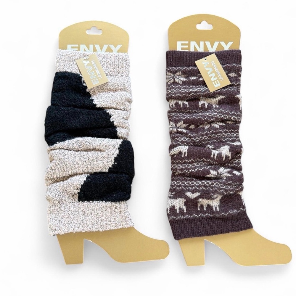 Envy Cozy Knit Leg Warmers in Black, Cream and Pattern Moose.